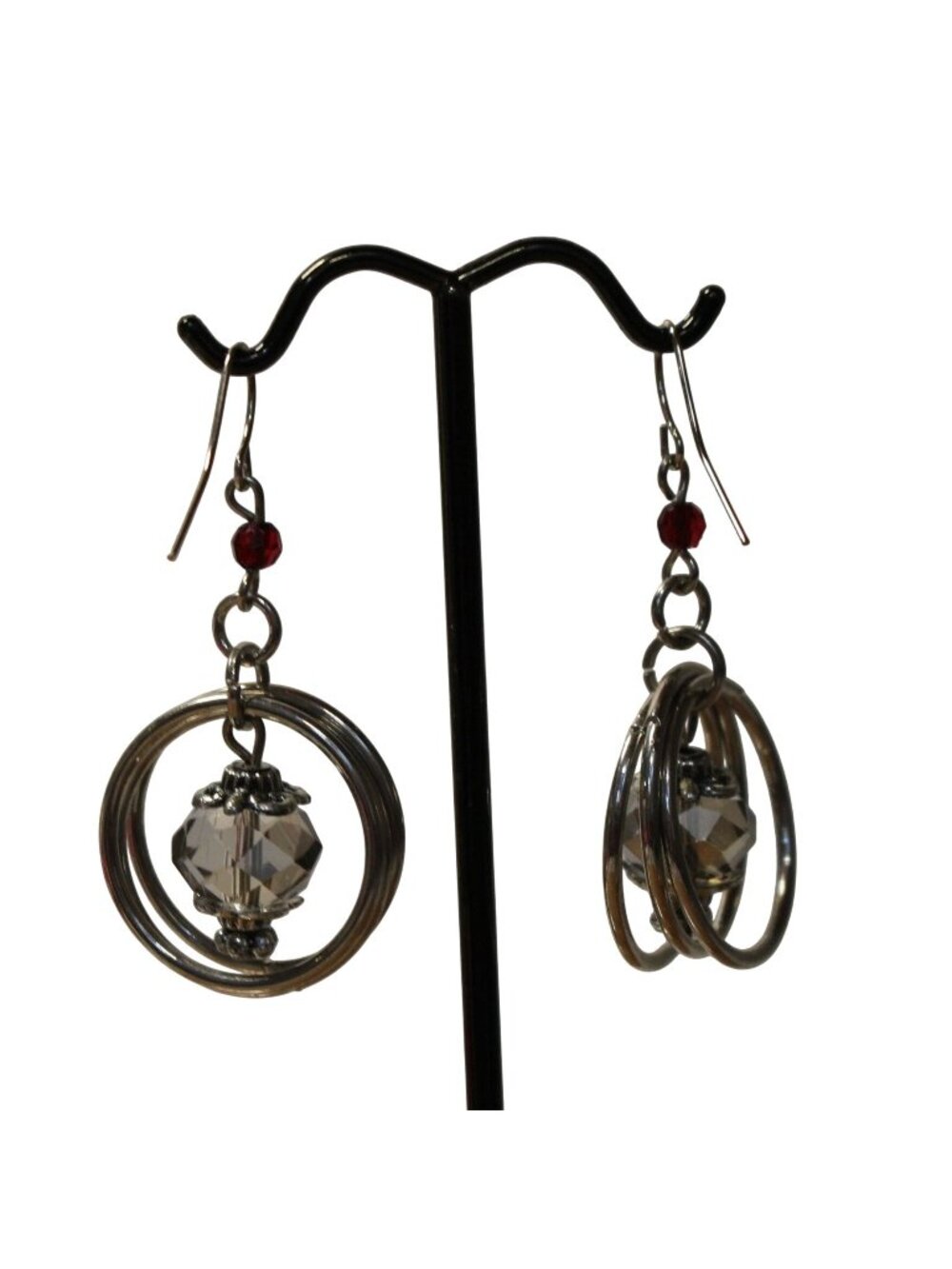 Silver-Tone Dangle Earrings With Smoky Gray Crystal Beads & Red Accents